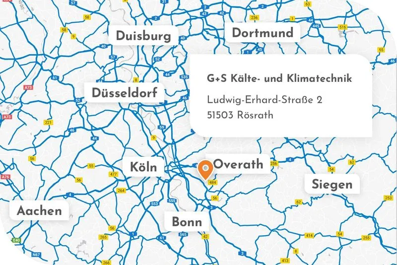 Karte mit Städtenamen und Standort von G+S Kälte- und Klimatechnik in Deutschland.